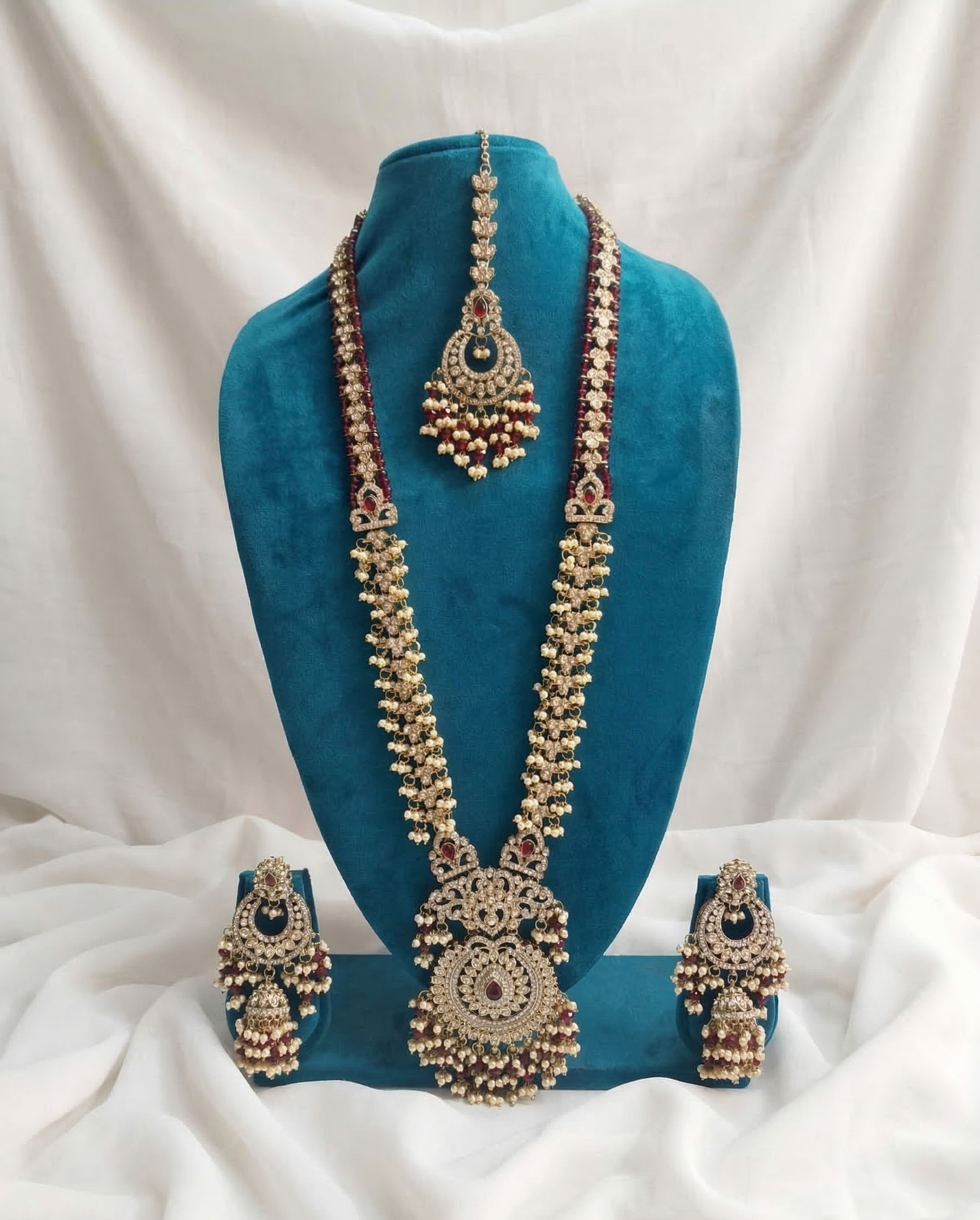 Maroon & Gold Long Rani Haar Jewelry Set with Matching Earrings and Maang Tikka