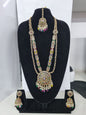 Traditional Pastel Sea Green Long Necklace Set with Jhumkas