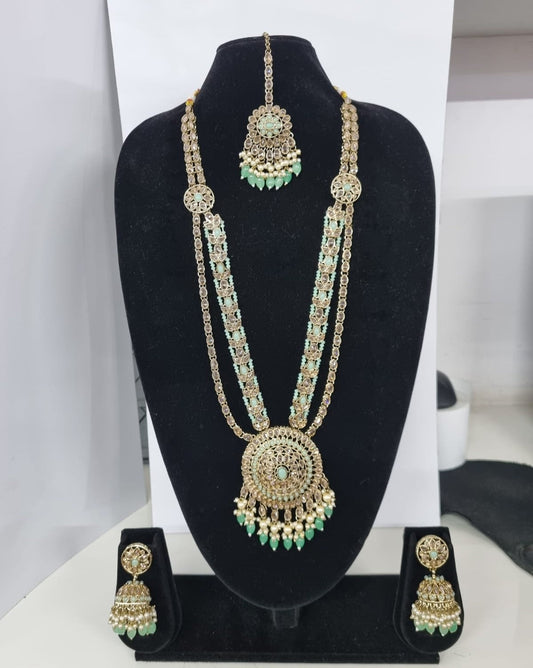 Traditional Pastel Sea Green Long Necklace Set with Jhumkas