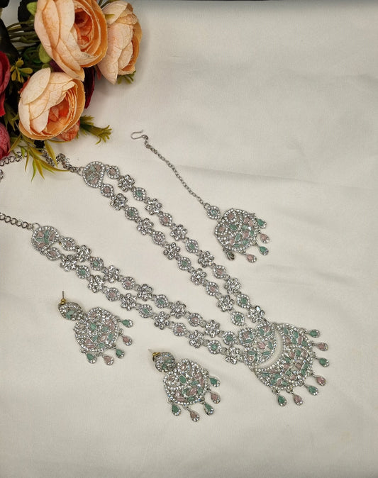 Crystal Floral Long Necklace Set with Earrings & Maang Tikka
