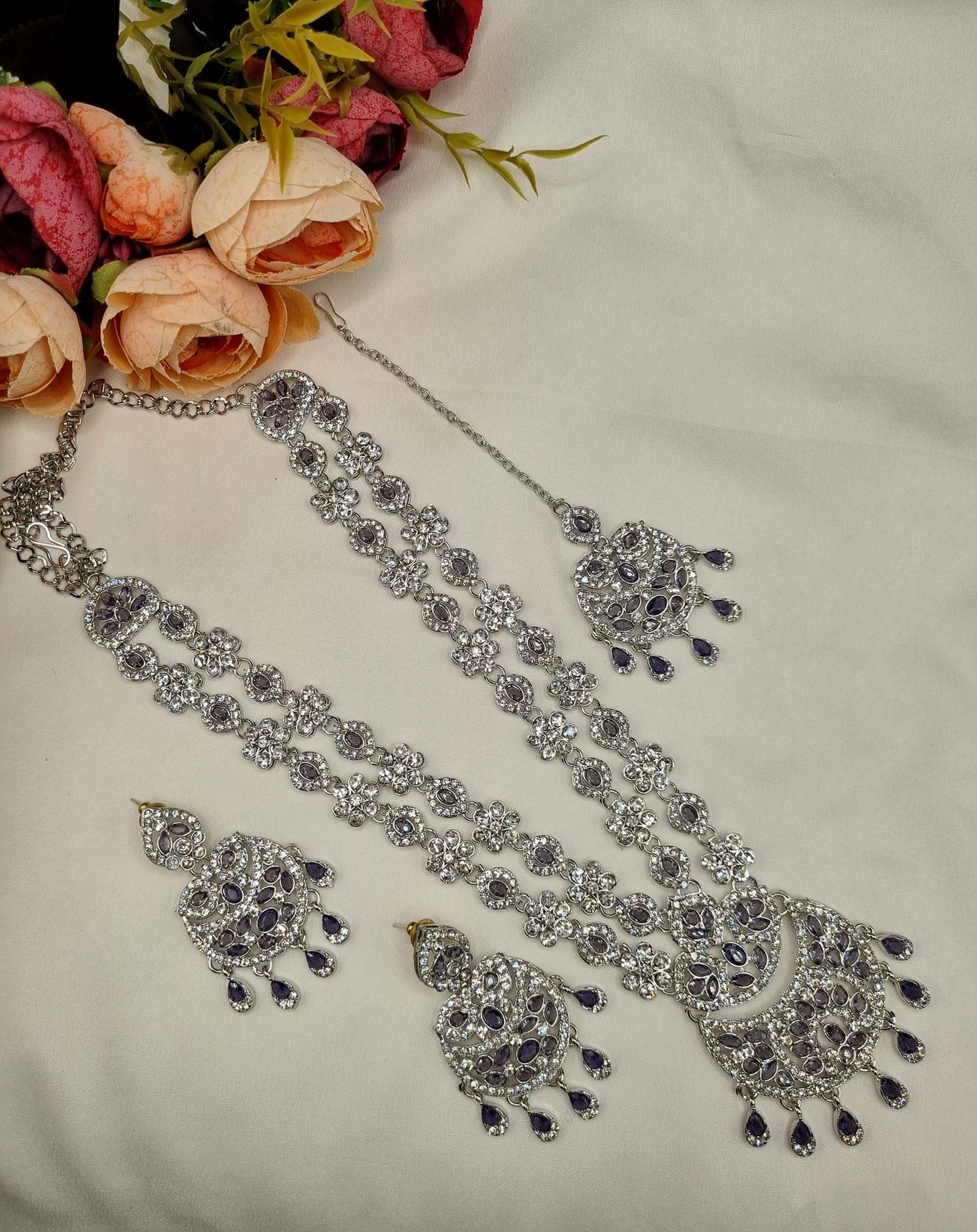 Crystal Floral Long Necklace Set with Earrings & Maang Tikka