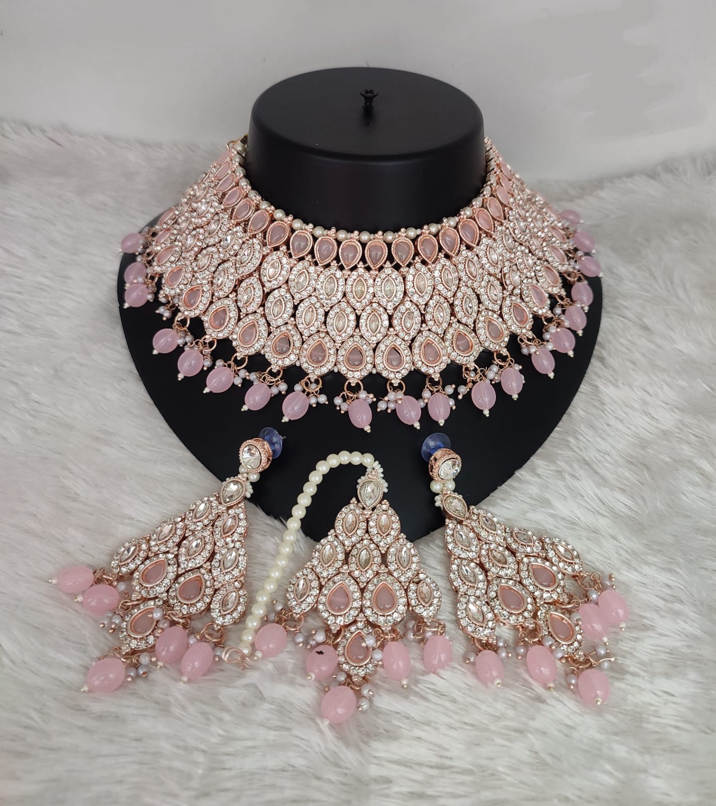 Rose Gold Bridal Choker Set with Crimson Red Teardrop Stones
