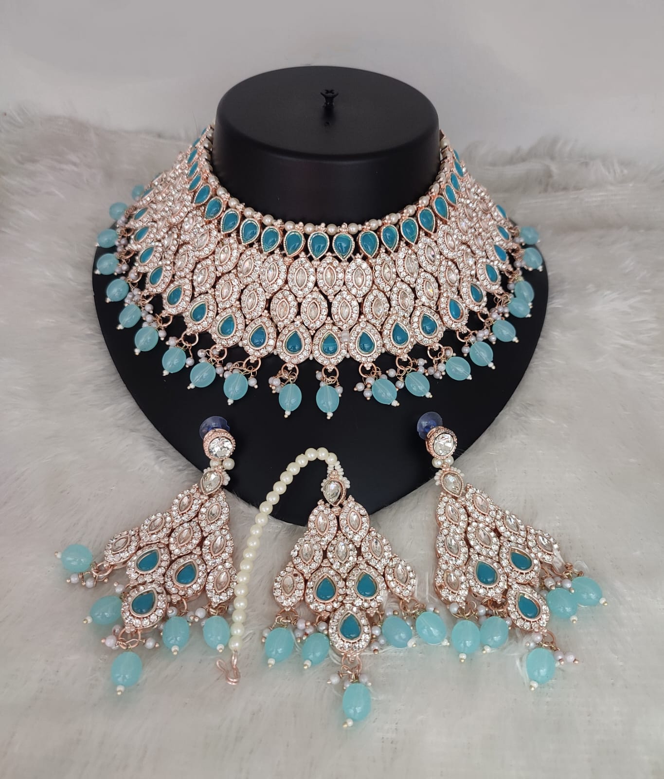 Rose Gold Bridal Choker Set with Crimson Red Teardrop Stones