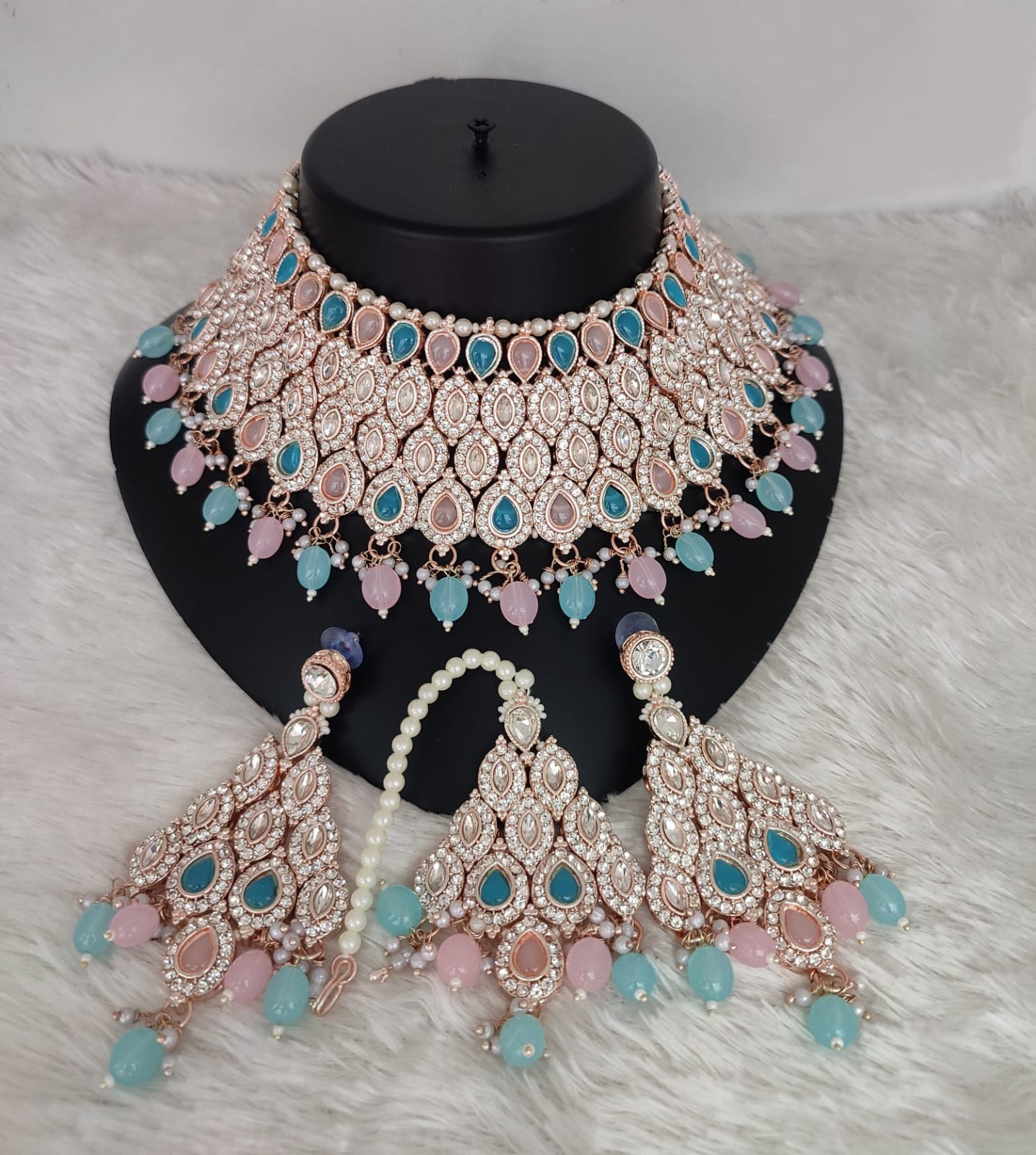 Rose Gold Bridal Choker Set with Crimson Red Teardrop Stones