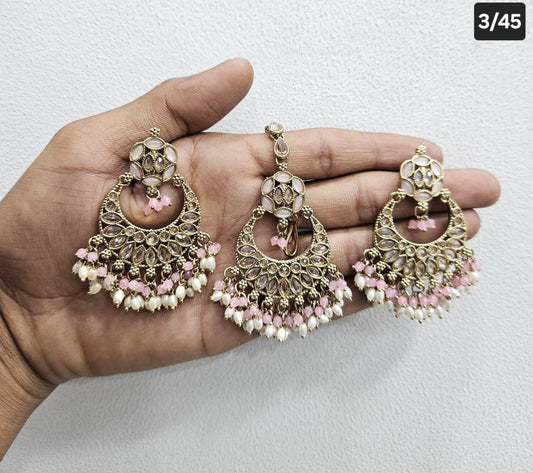 Kundan Chandbali Set - Antique Gold Finish Statement Earrings and Maang Tikka
