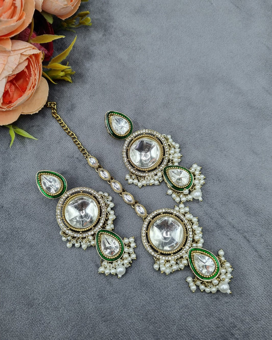 Round Shape Stone & Pearl Drop Earrings with Maang Tikka Set