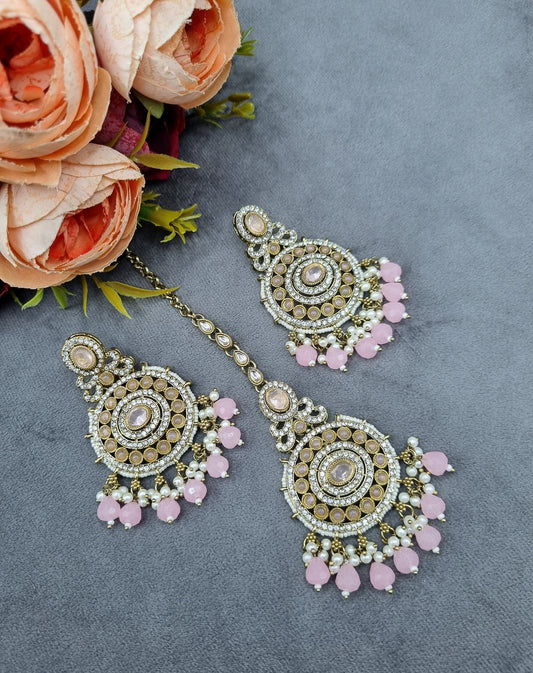 Ornate Circular Earrings & Maangtikka Set with Crystal Accents