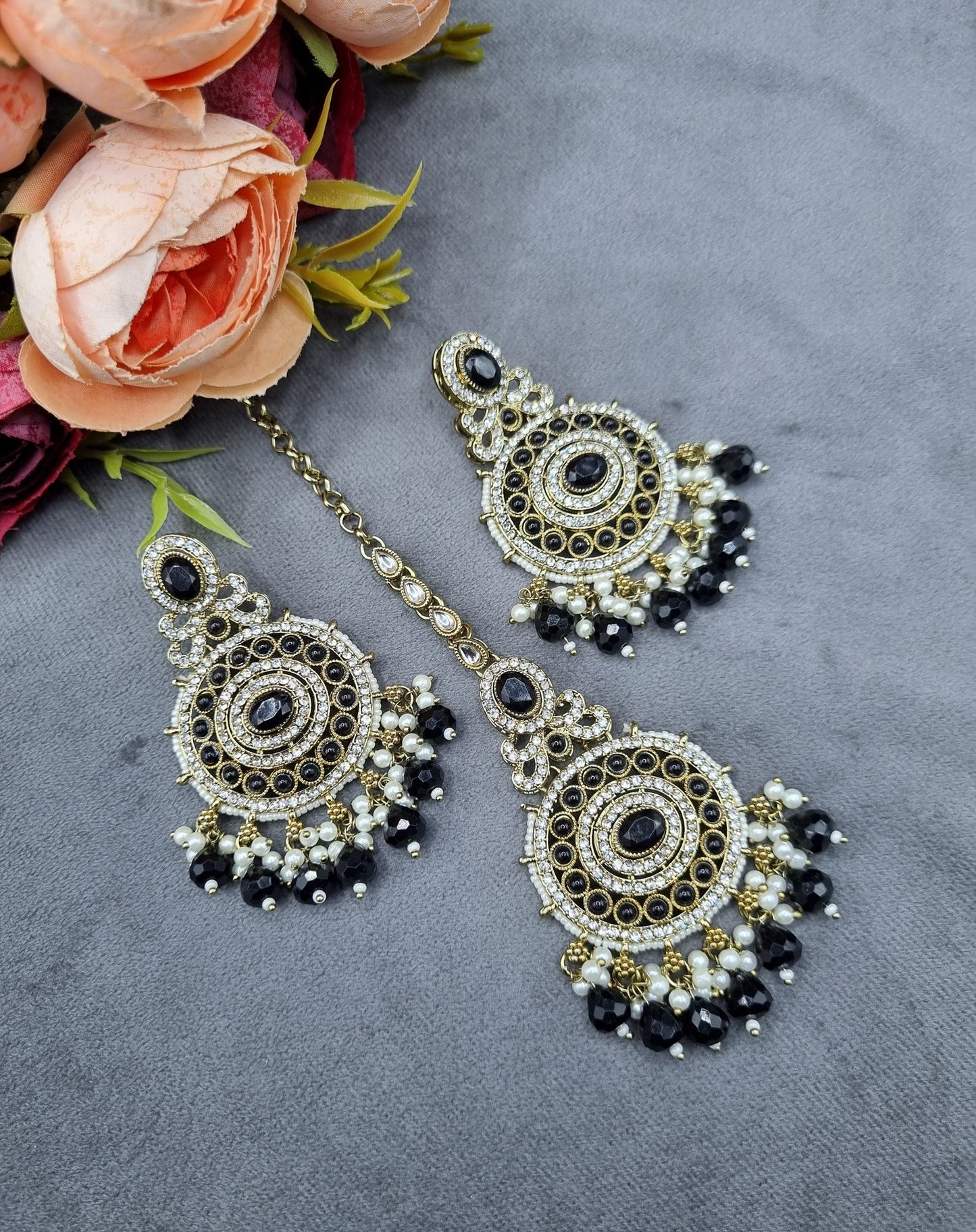 Ornate Circular Earrings & Maangtikka Set with Crystal Accents