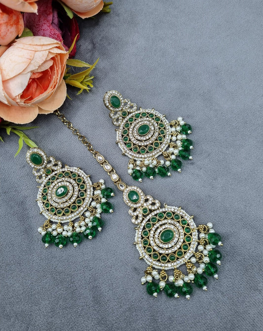 Ornate Circular Earrings & Maangtikka Set with Crystal Accents