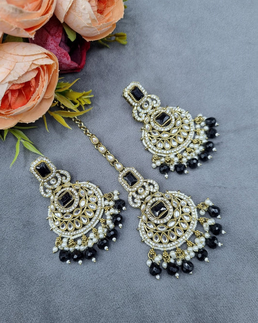 Ornate Crescent Chandbali Earrings and Maang Tikka