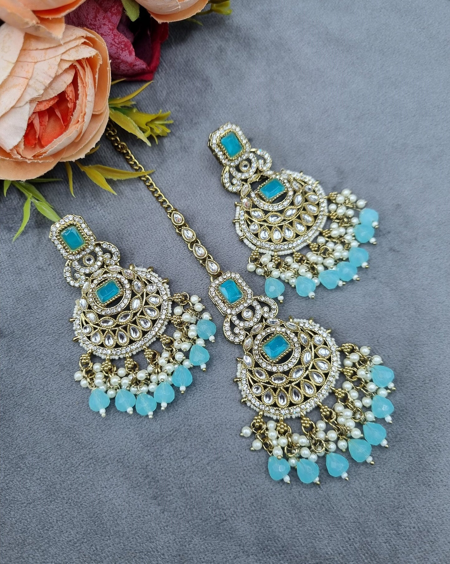 Ornate Crescent Chandbali Earrings and Maang Tikka