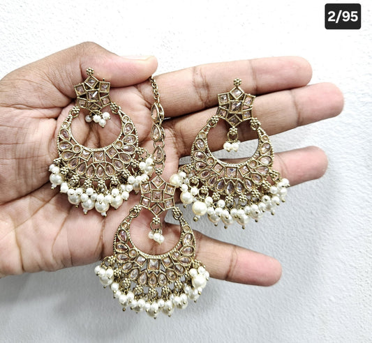 Antique Gold Finish Statement Earrings and Maang Tikka