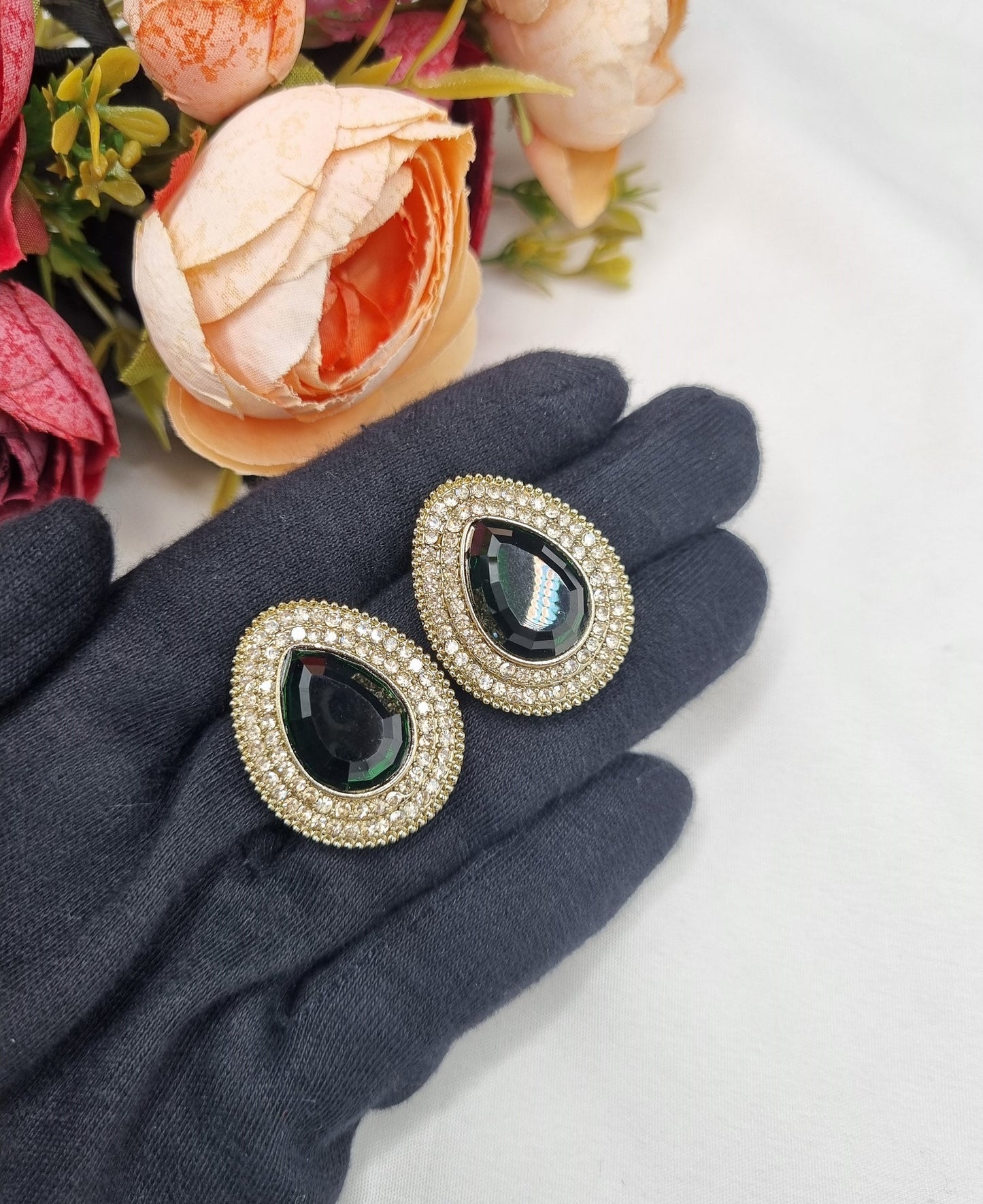 TEARDROP STONE HALO STUD EARRINGS
