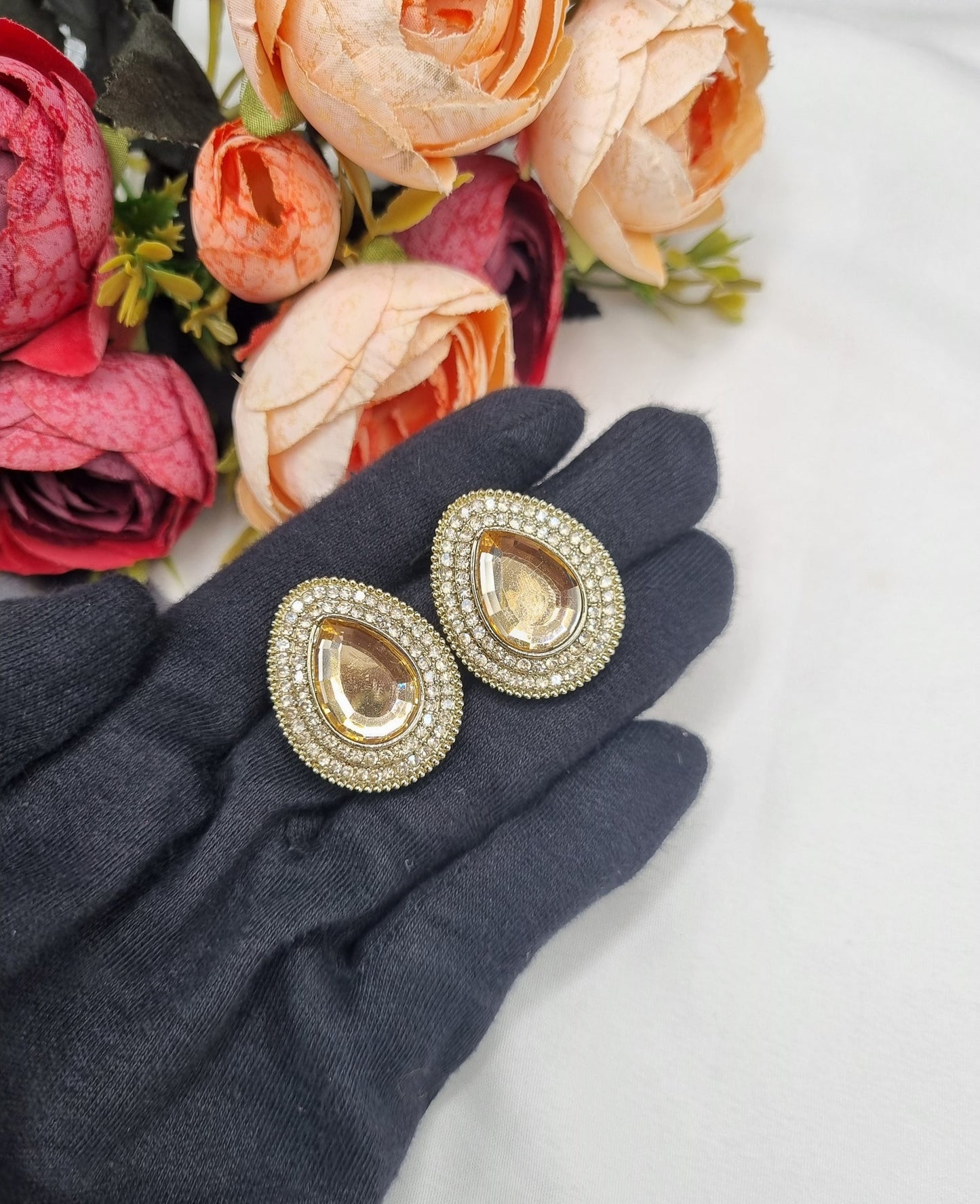 TEARDROP STONE HALO STUD EARRINGS