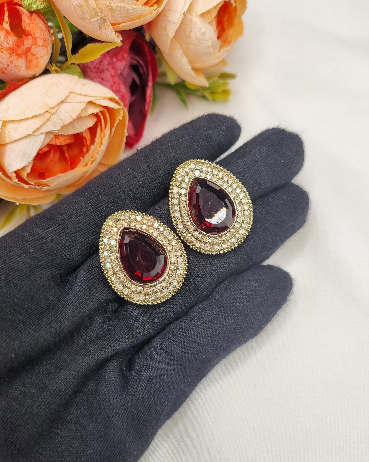 TEARDROP STONE HALO STUD EARRINGS