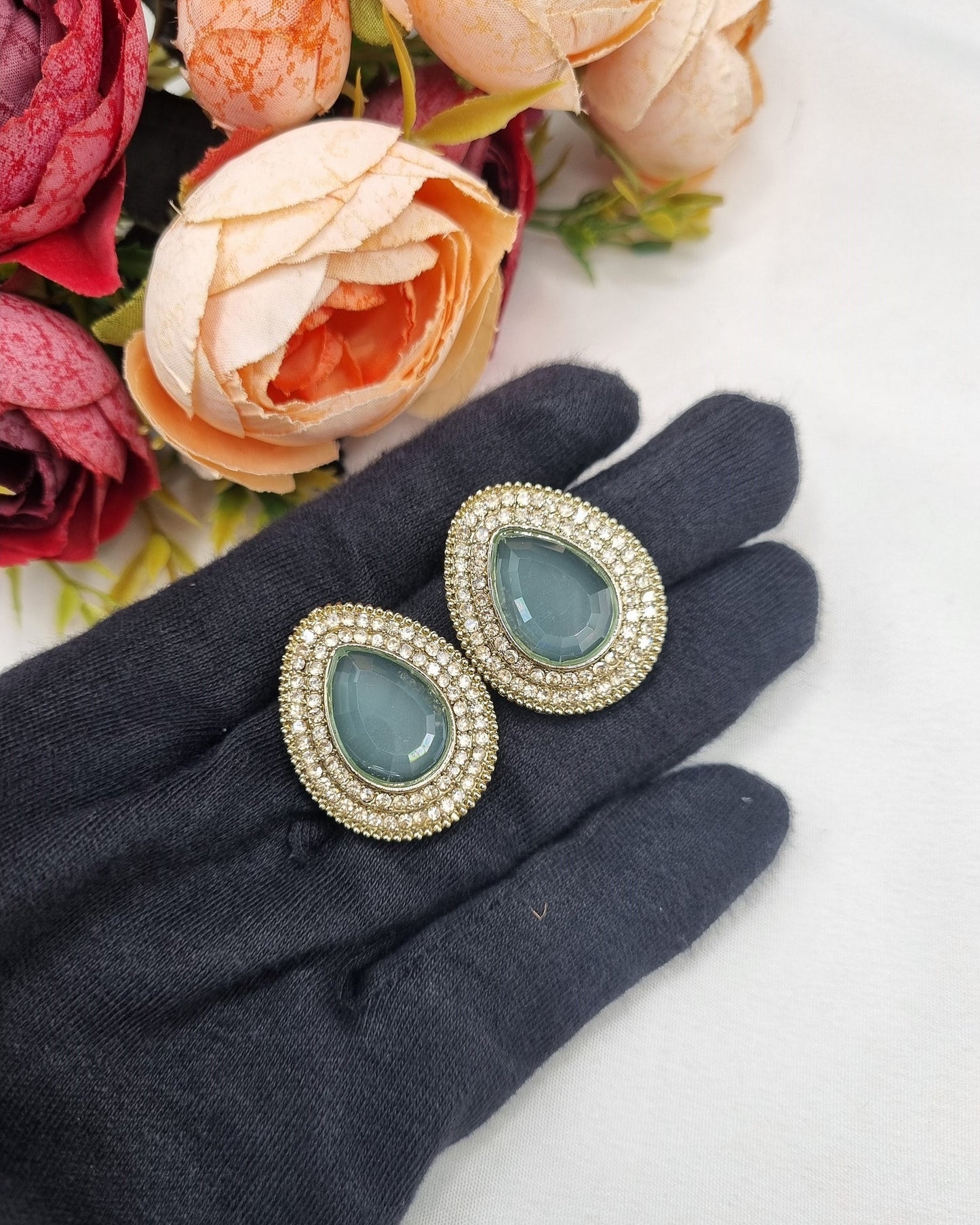 TEARDROP STONE HALO STUD EARRINGS