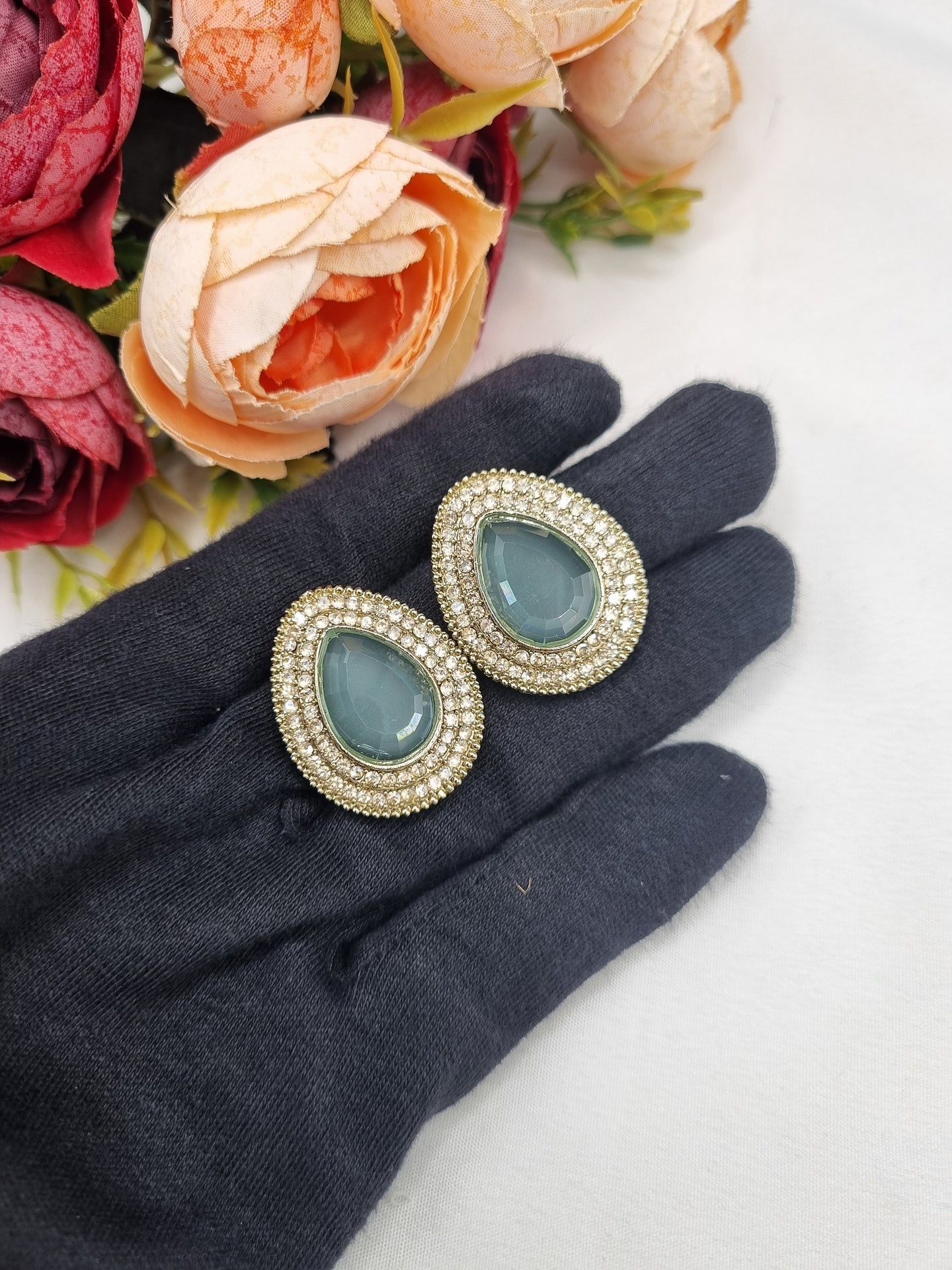 TEARDROP STONE HALO STUD EARRINGS