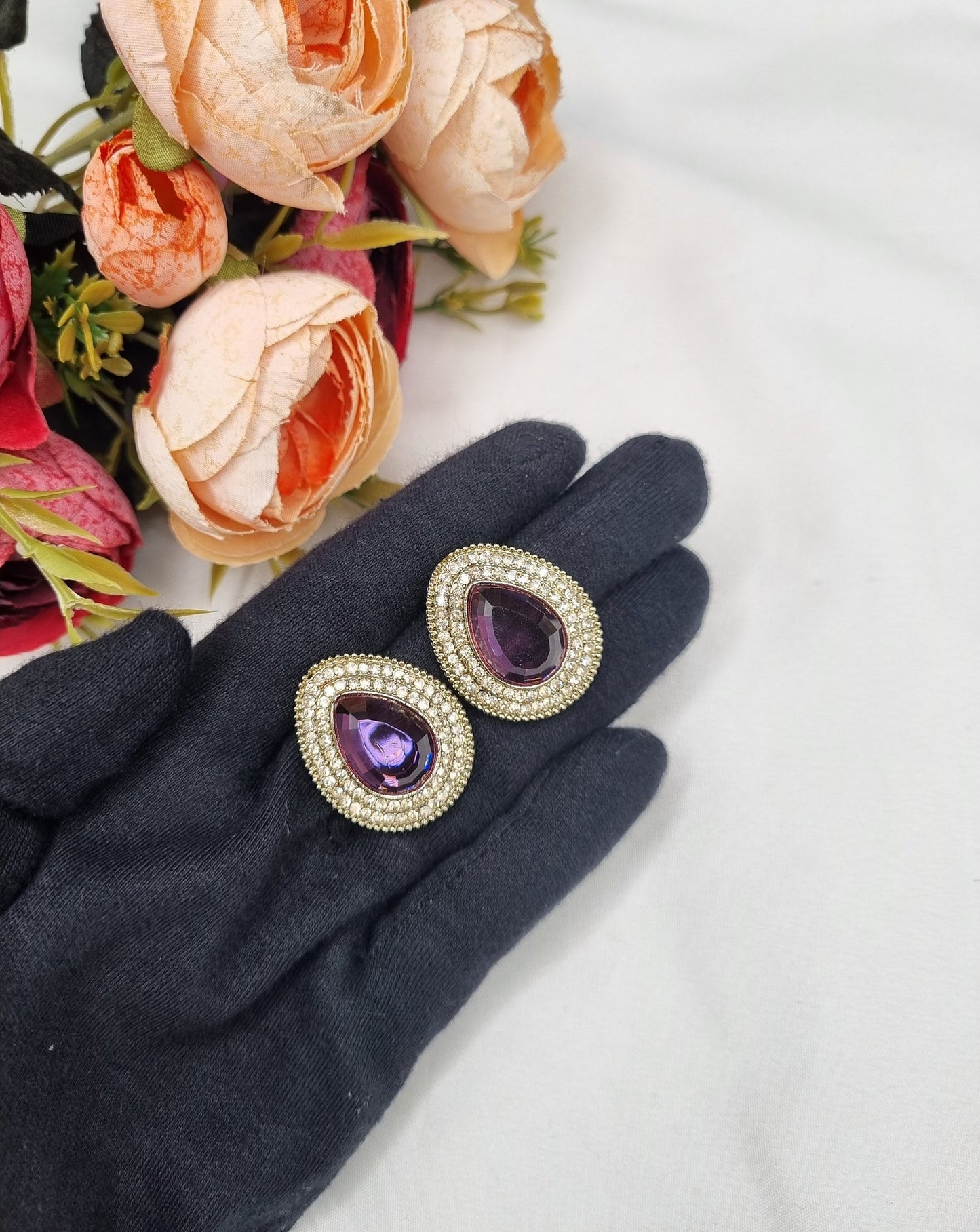 TEARDROP STONE HALO STUD EARRINGS
