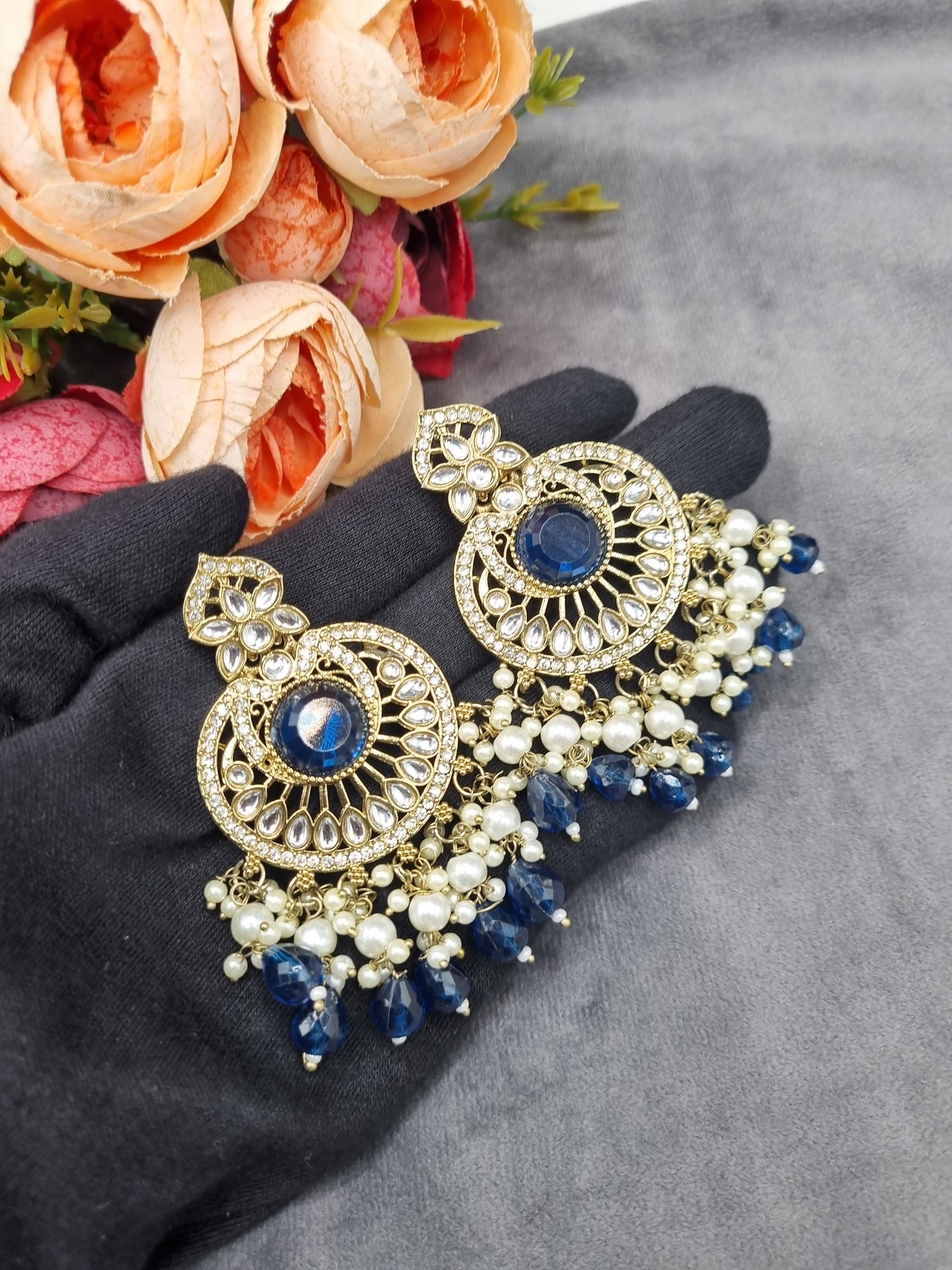 INTRICATE CHANDBALI DROP EARRINGS WITH BEAD CLUSTERS