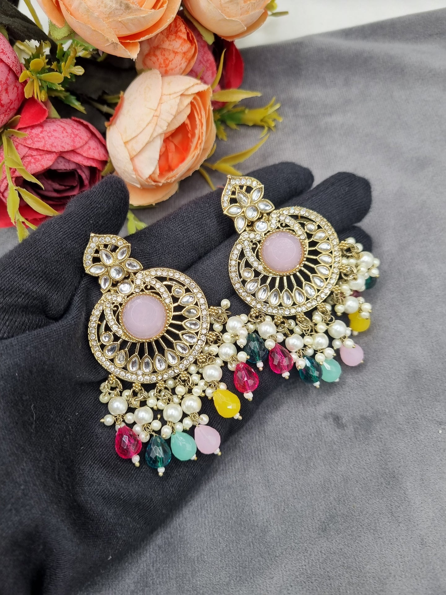 INTRICATE CHANDBALI DROP EARRINGS WITH BEAD CLUSTERS