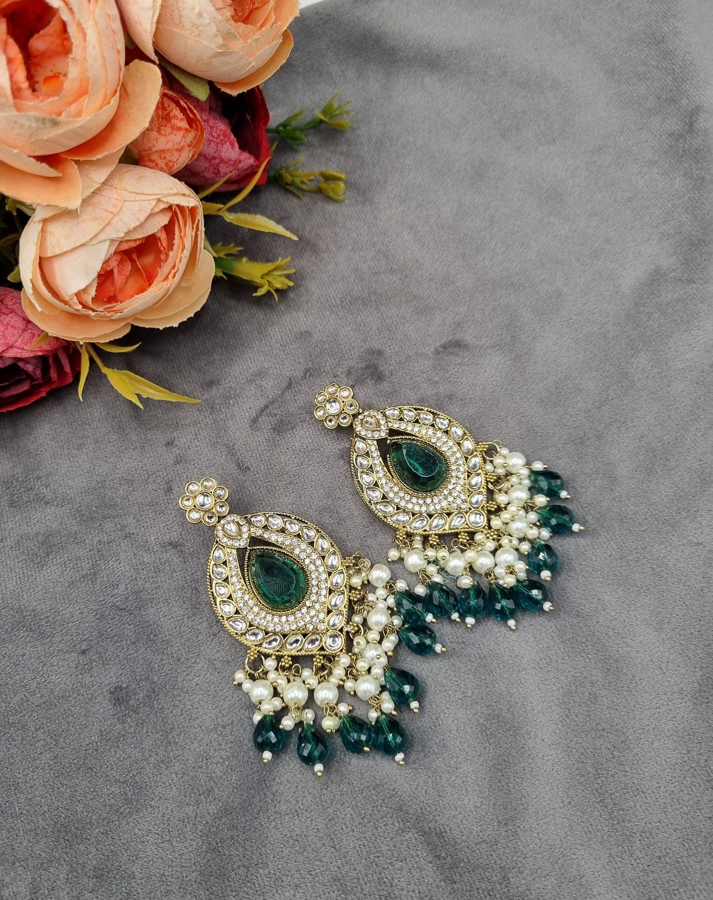 INTRICATE OVAL FRAME DROP EARRINGS WITH PEARL & BEAD CLUSTER