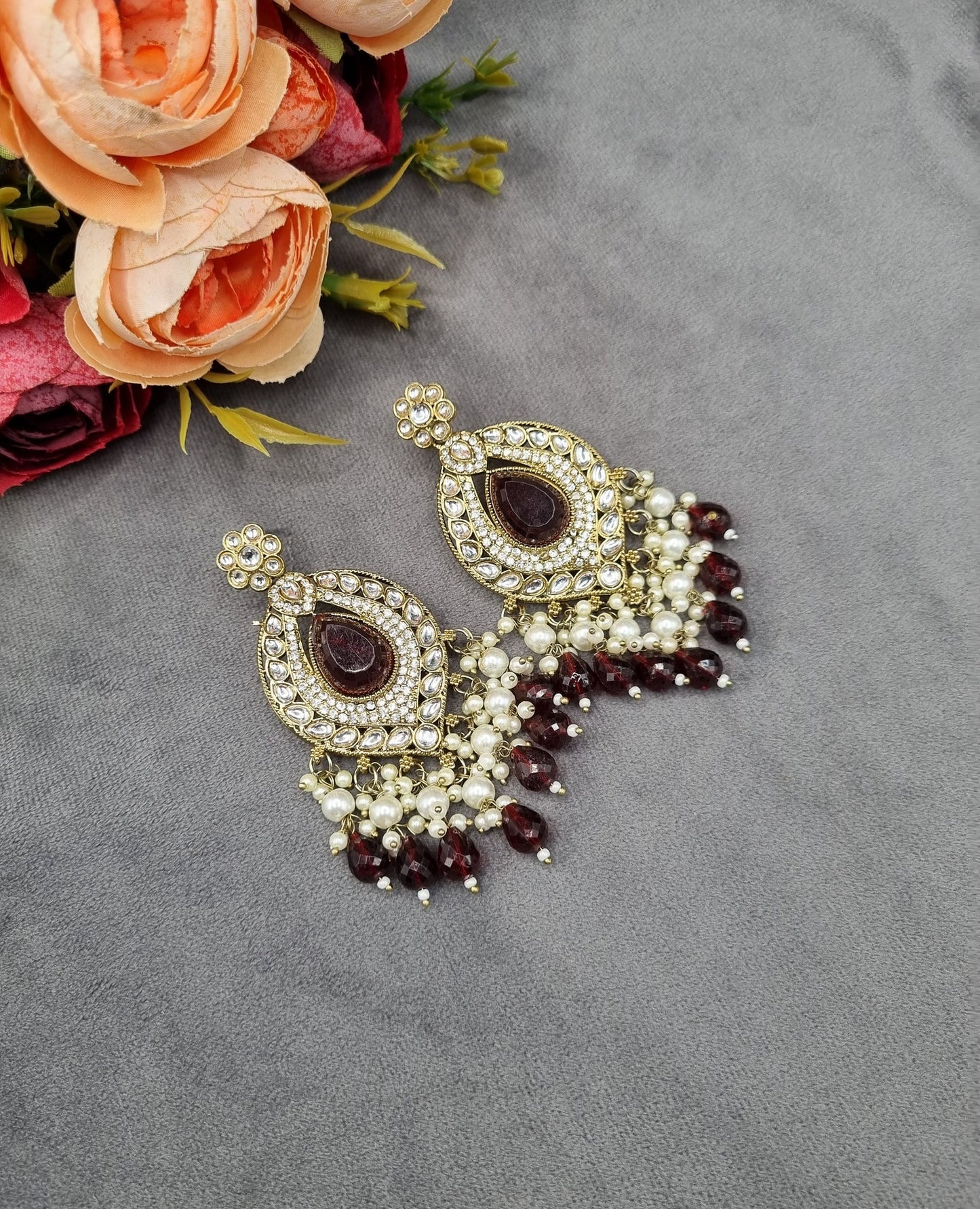 INTRICATE OVAL FRAME DROP EARRINGS WITH PEARL & BEAD CLUSTER