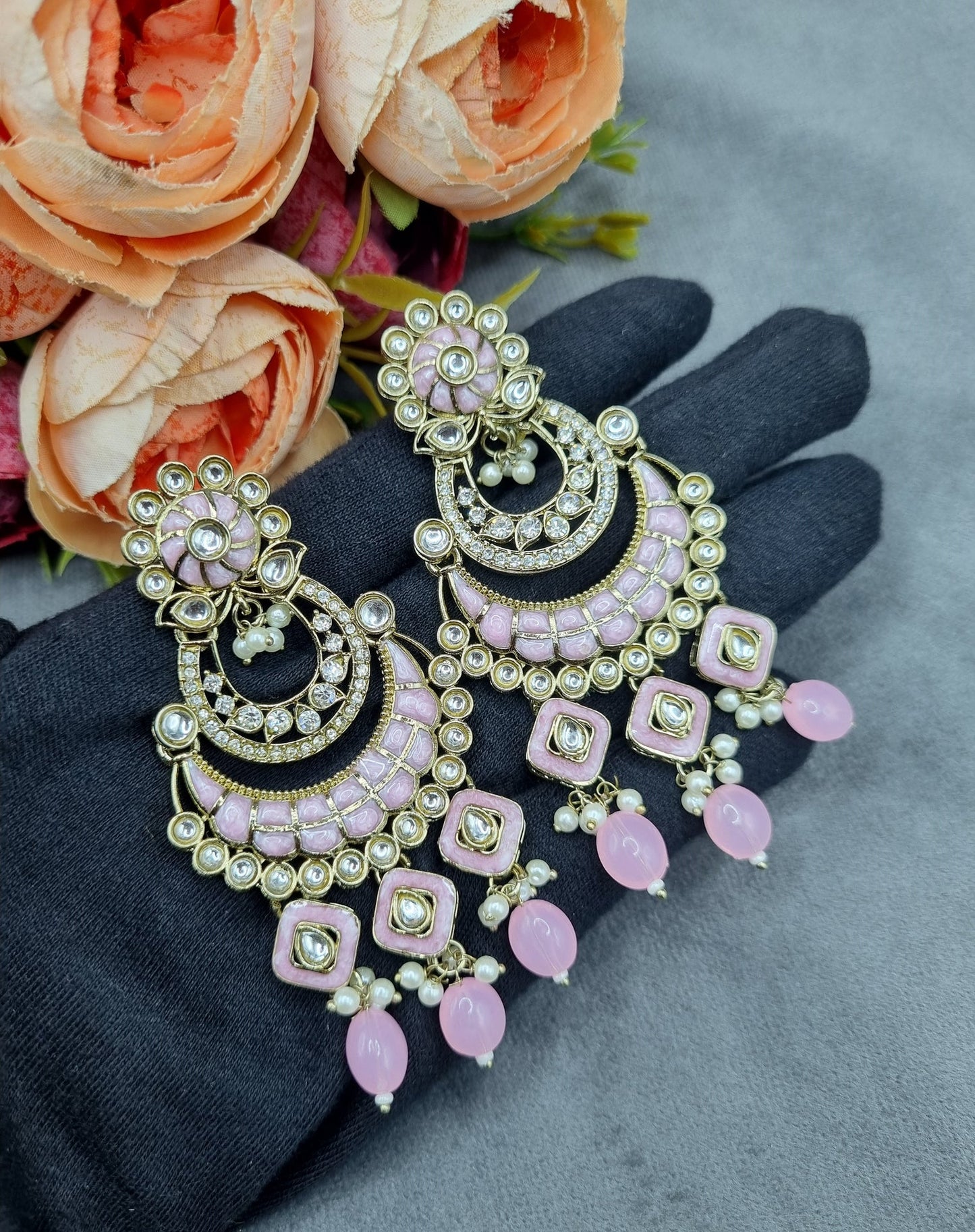 Royal Chandbali Statement Earrings with Meenakari & Pearl Drops