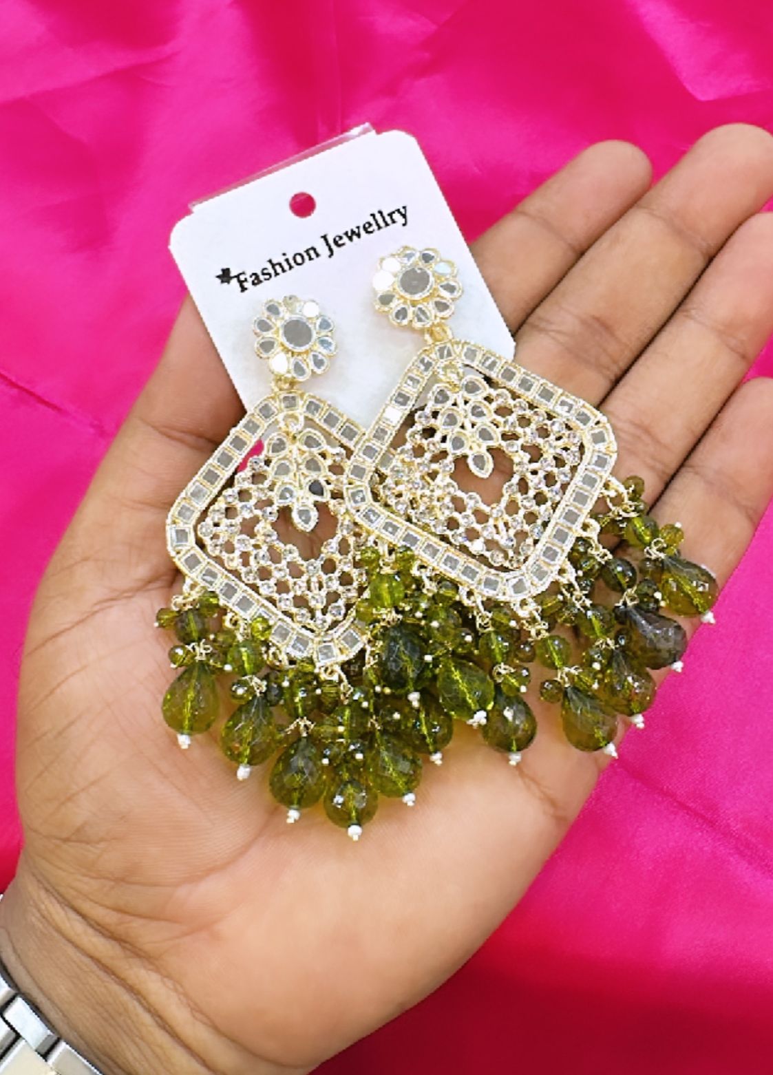 Square Emerald Green Crystal  Kundan Drop Earrings Gold Plated Jali Work Dangles