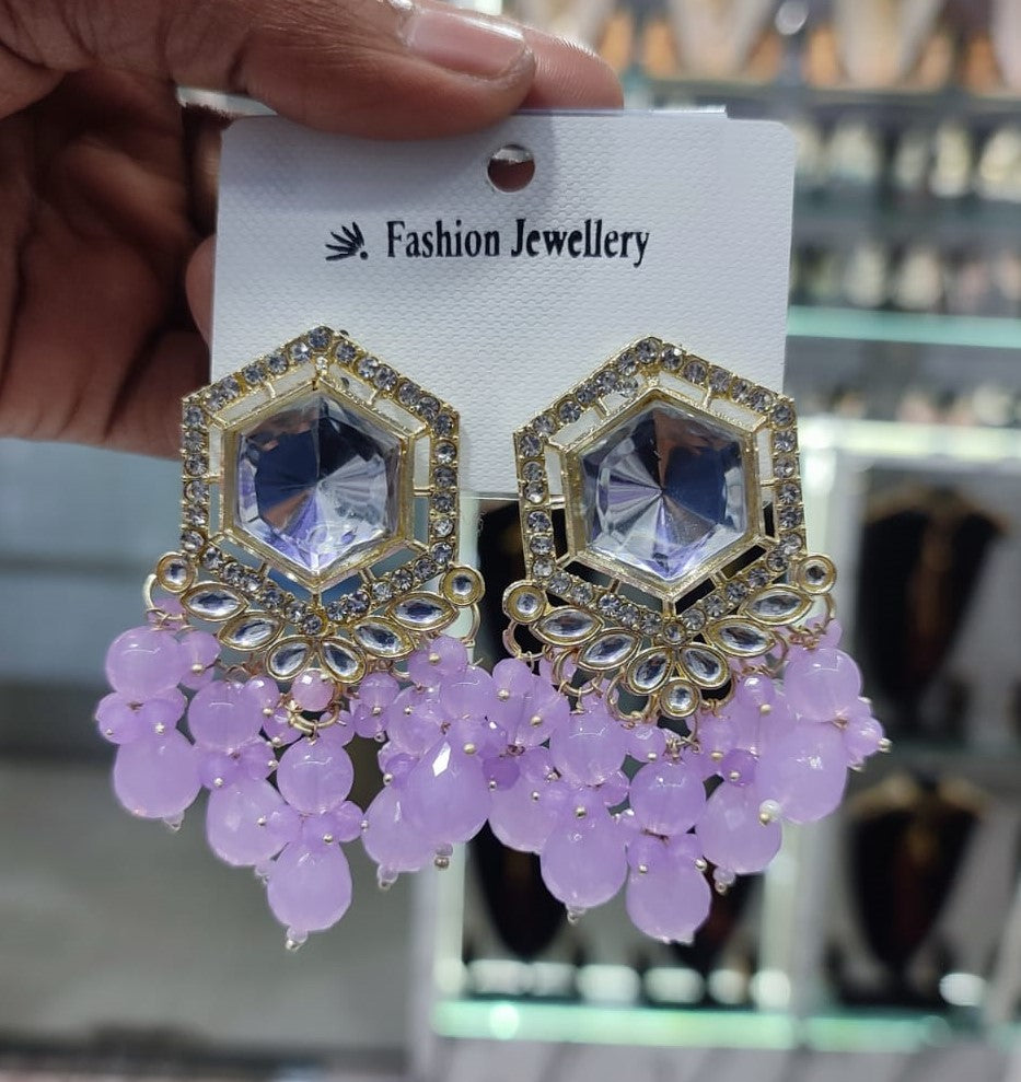 Traditional Hexagon Kundan Earrings Gold Plated Earrings for Woman Dangles