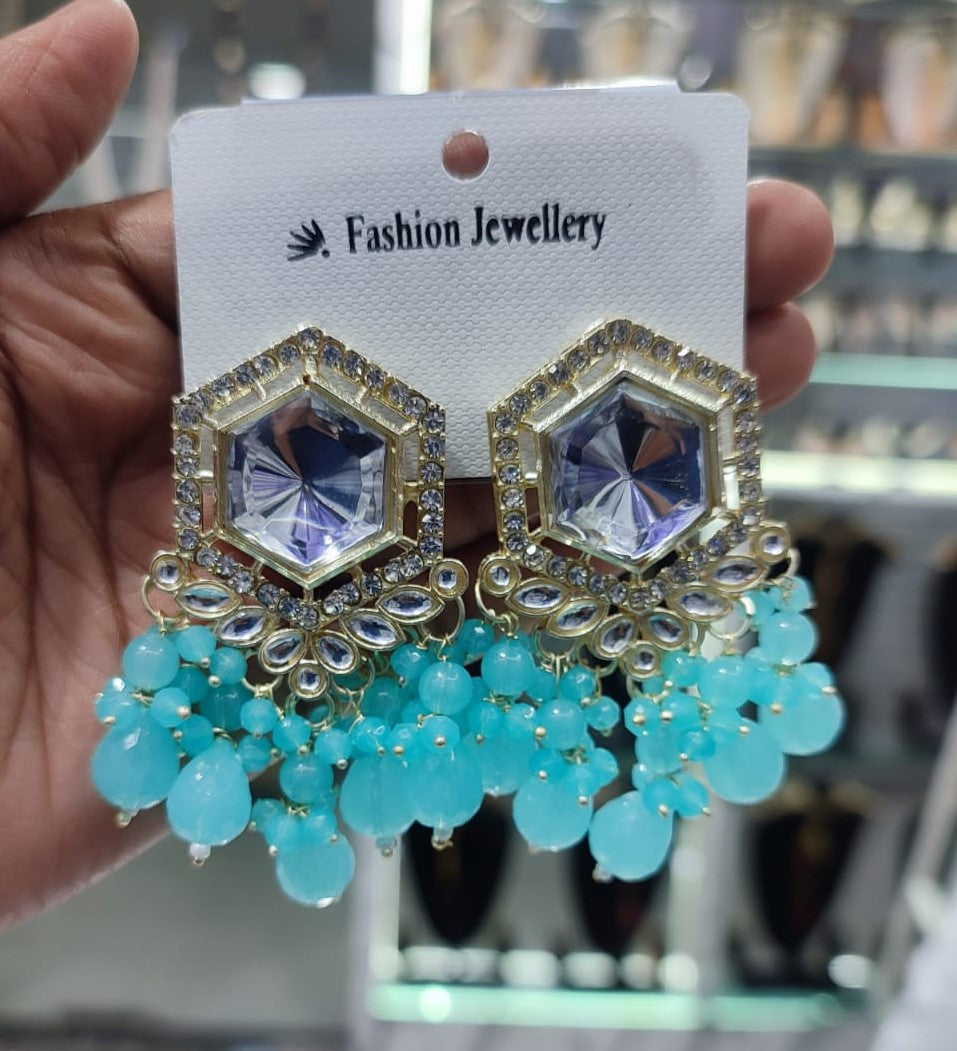 Traditional Hexagon Kundan Earrings Gold Plated Earrings for Woman Dangles