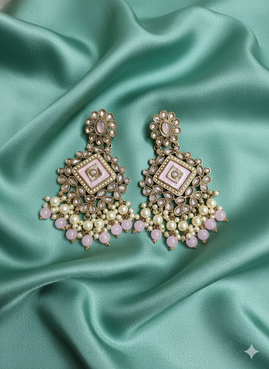 Blush Pink Enamel Floral Pearl Drops Earrings