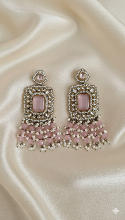 Pastel Pink & Gold Rectangle Chandelier Earrings