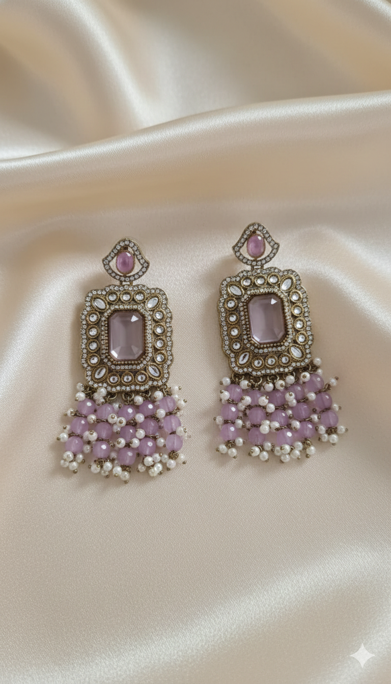 Pastel Pink & Gold Rectangle Chandelier Earrings