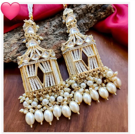 Traditional Style Gold Plated Earring With Hair Chain Oval Pearl Drops Earring For Woman