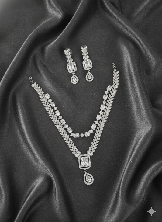 Elegant AD Silver Tone Two-Tier Necklace and Dangle Earring Set