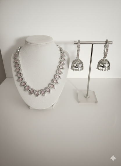 Pink CZ Crystal Teardrop Choker & Antique Jhumki Earring Set