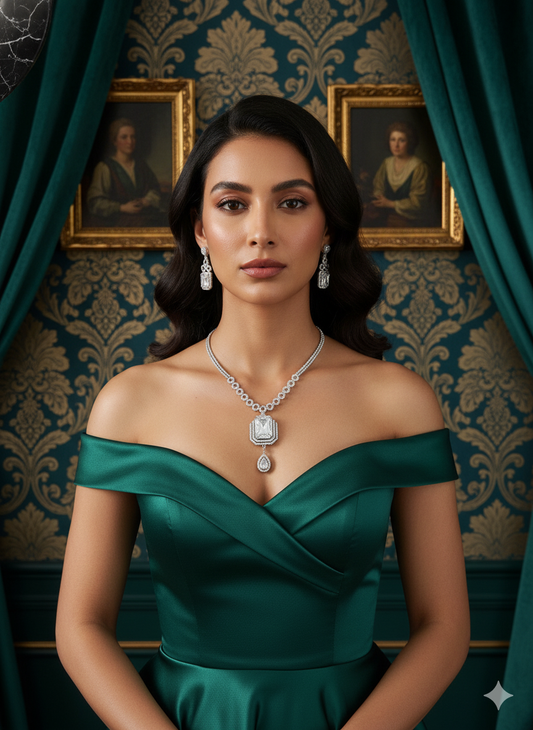 Square-Cut Crystal Bridal Necklace with Pear Drop Accents