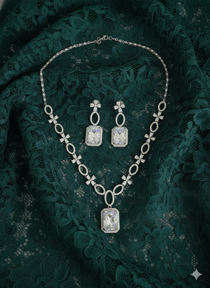 Elegant White AD Stone Emerald Cut Necklace Set