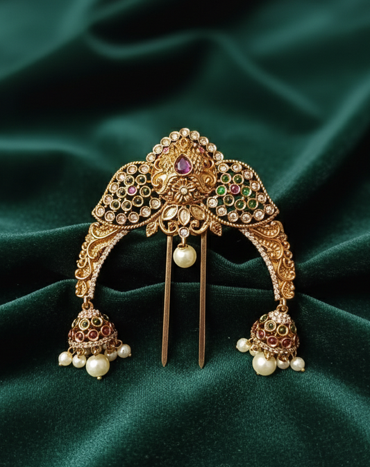 Vintage Gold Temple Hair Brooch  Traditional Stone Encrusted Jhumka Hair Pin