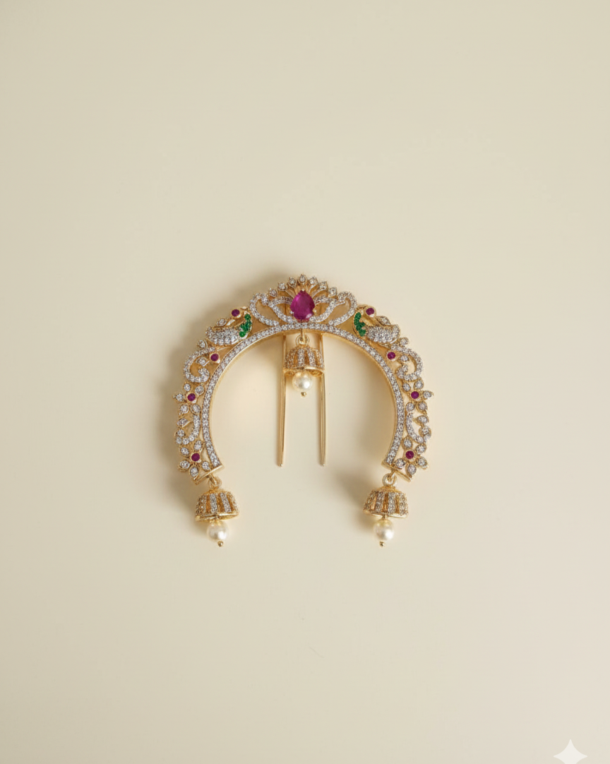 Vintage Gold Temple Hair Brooch  Traditional Stone Encrusted Jhumka Hair Pin