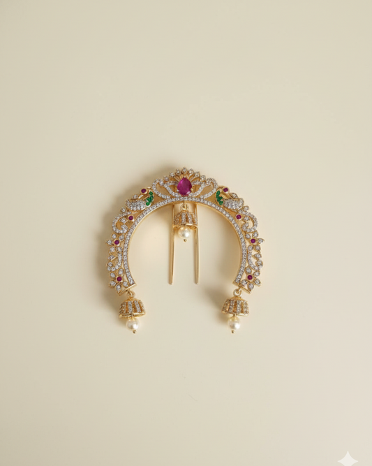 Vintage Gold Temple Hair Brooch  Traditional Stone Encrusted Jhumka Hair Pin