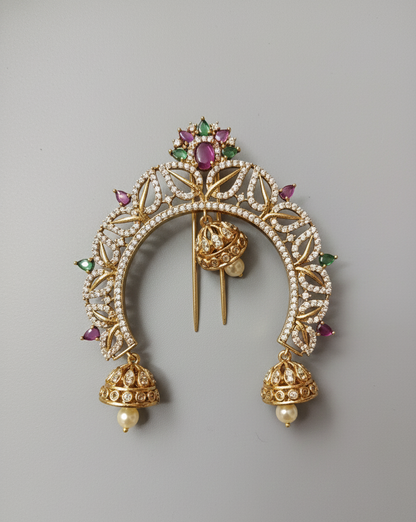 Vintage Gold Temple Hair Brooch  Traditional Stone Encrusted Jhumka Hair Pin