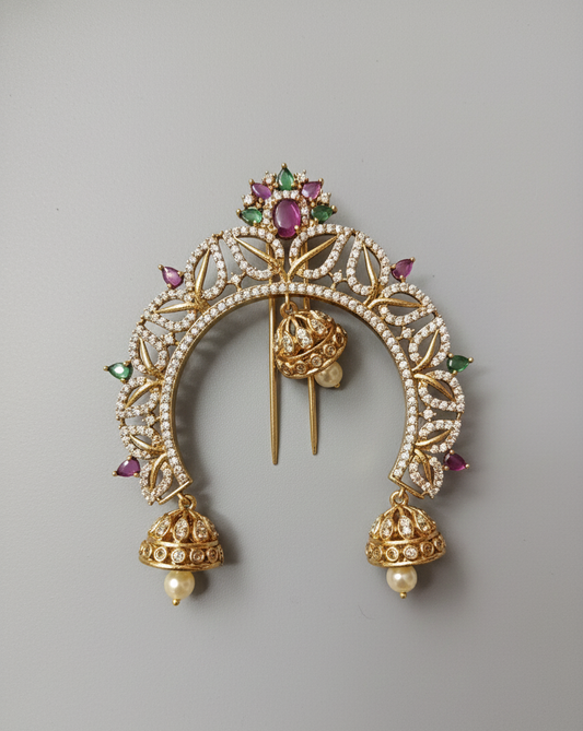 Vintage Gold Temple Hair Brooch  Traditional Stone Encrusted Jhumka Hair Pin