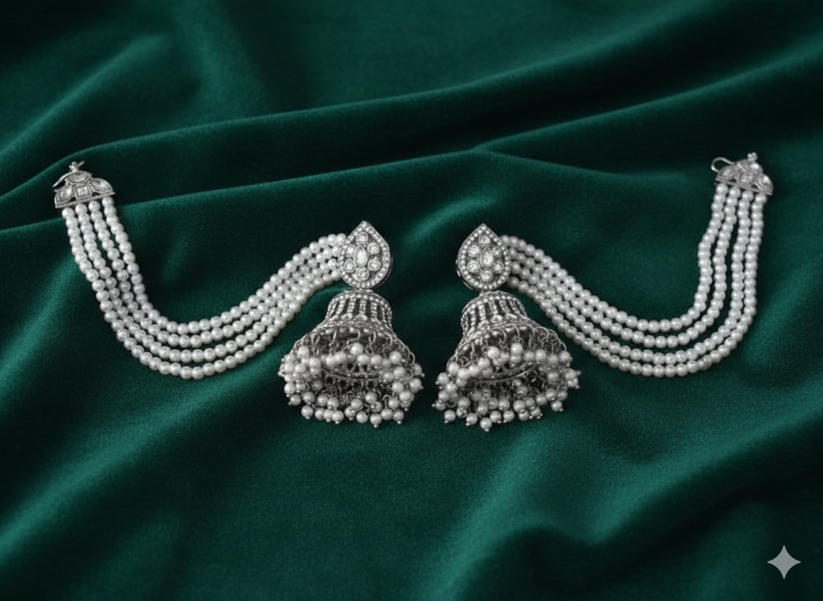Sahare Jhumka Set  Rhodium Finish with Multi-Layered Pearl Chains