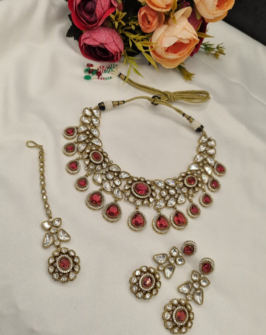 Kundan Choker Trio Earrings & Maang Tikka