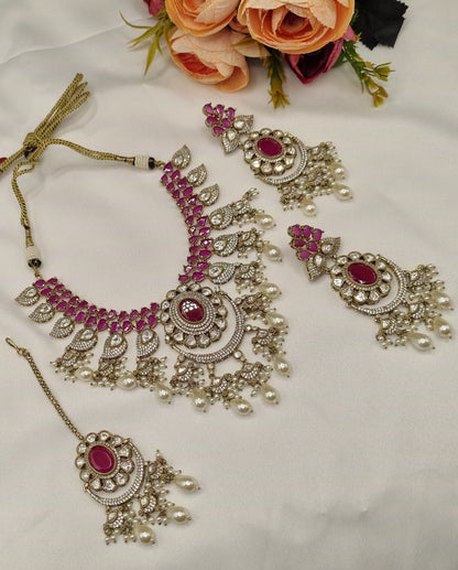 Ruby Pink Kundan Choker Set with Maang Tikka and Earrings