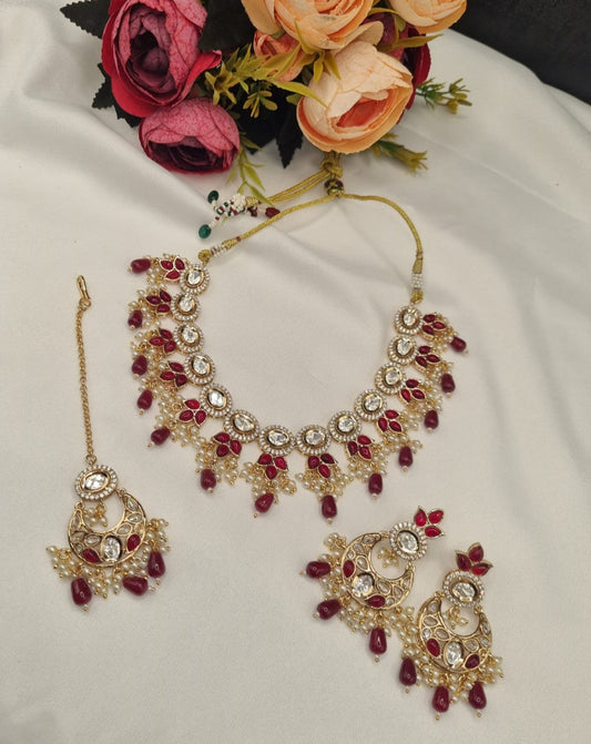 Designer Kundan Choker Necklace Set with Earrings & Maang Tikka | Bridal Wedding Jewellery