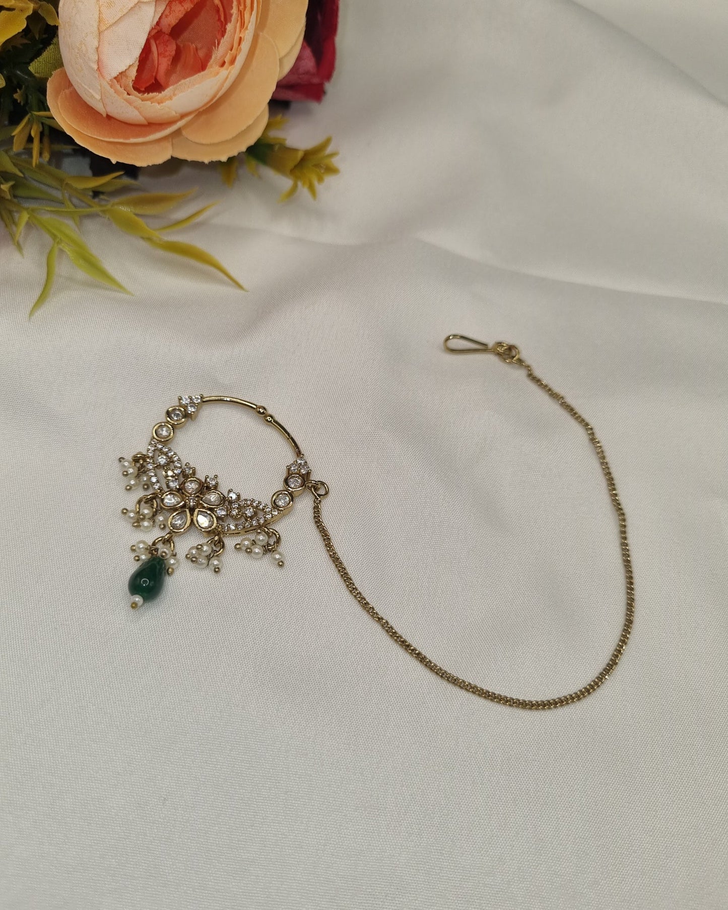 TRADITIONAL KUNDAN & DROP BEAD NOSE RING WITH HAIR CHAIN