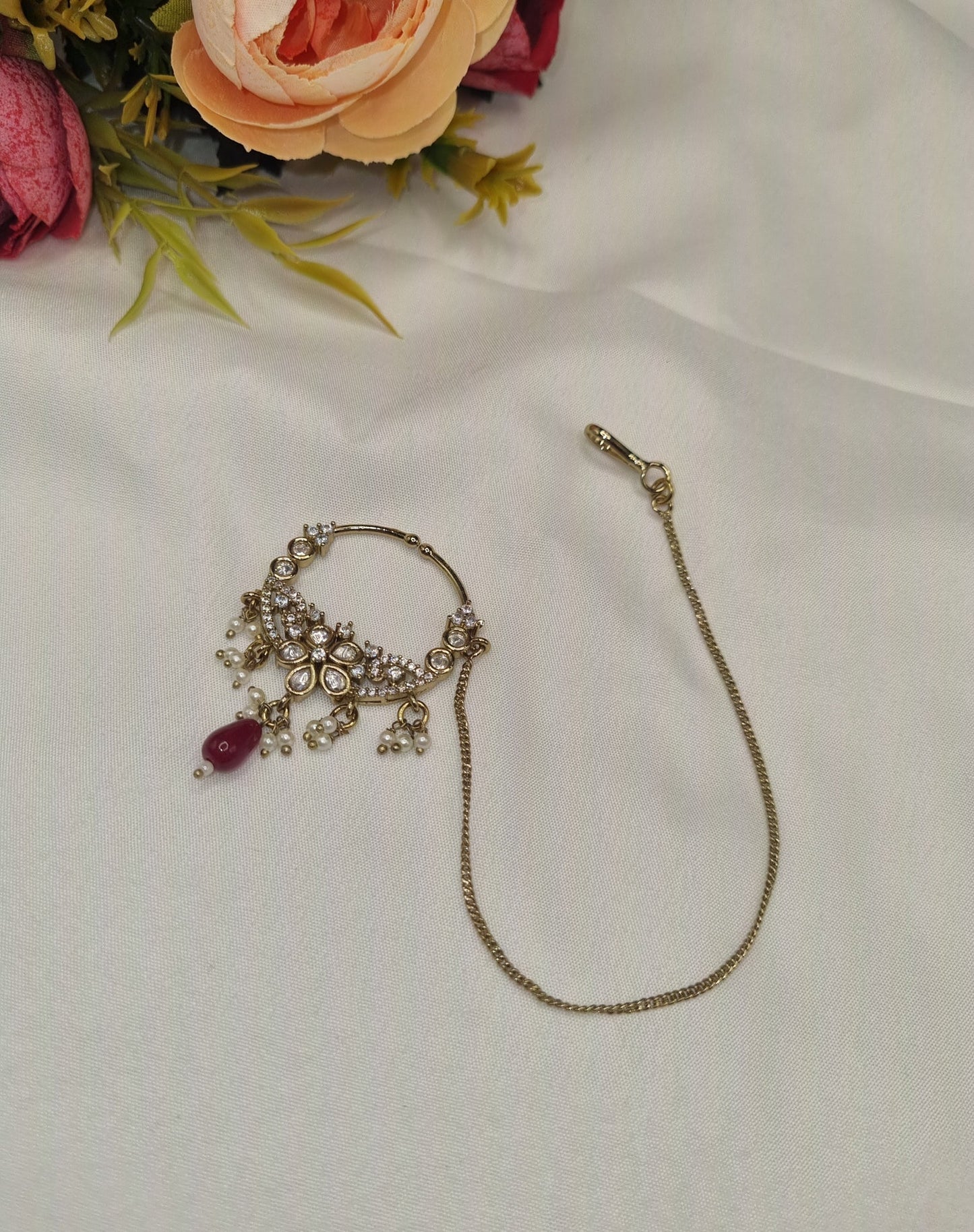 TRADITIONAL KUNDAN & DROP BEAD NOSE RING WITH HAIR CHAIN