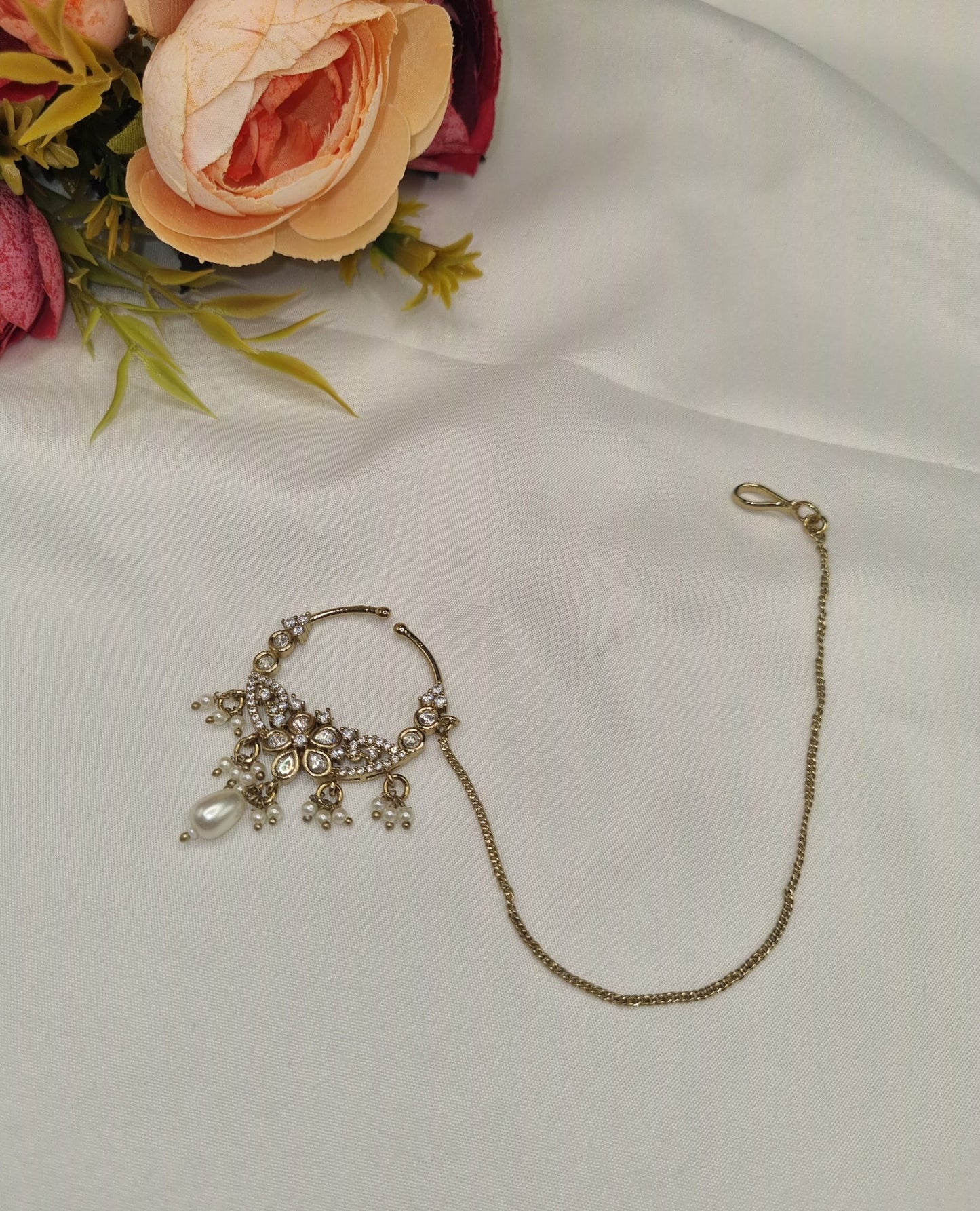 TRADITIONAL KUNDAN & DROP BEAD NOSE RING WITH HAIR CHAIN